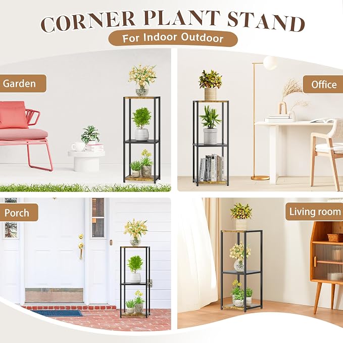 KMOTASUO 3 Tier Metal Plant Stand Tall for Indoor Outdoor Corner | Heavy Duty Flower Holder Rack, Modern Vertical Iron Shelf for Patio Bathroom Office Garden