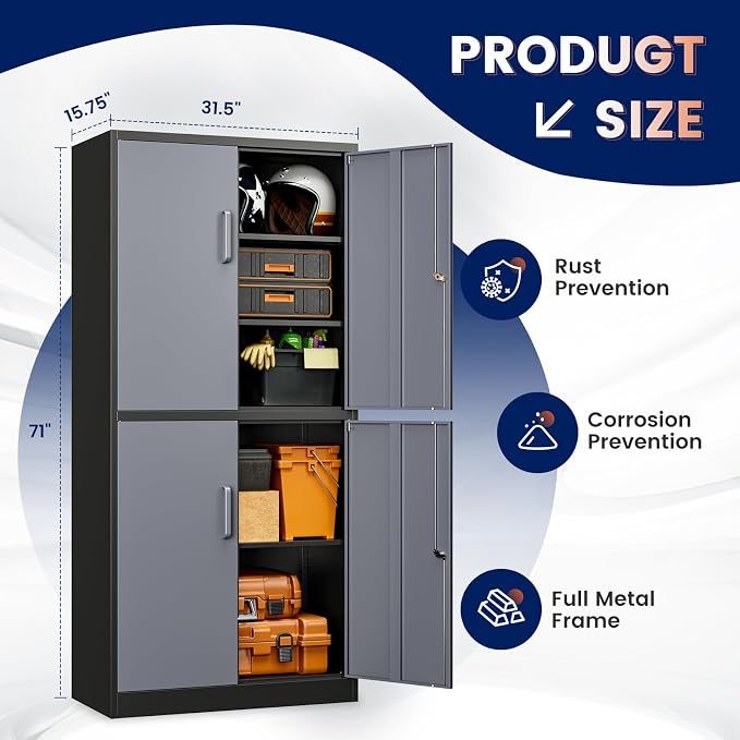 Metal Storage Locking Cabinet with 4 Doors and 2 Adjustable Shelves,71" Lockable Garage Tall Steel Cabinet,for Home Office,Living Room,Pantry,Gym,Commercial Storage (Gray Black)