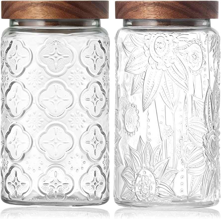 Vintage Glass Jar with Wood Lid - Christmas Airtight Canisters for Kitchen Countertop Bathroom, Storage Candy, Cookie, Coffee, Apothecary, Sugar, Flour ,Pet Treat (Sunflower & Begonia, 34oz/1000ml)