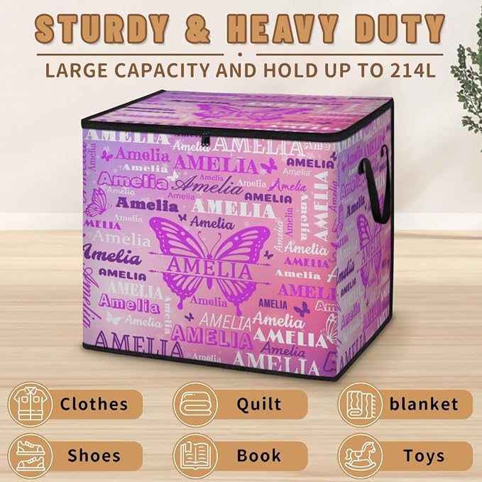 Personalized Extra Large Storage Basket with Lid, Comforters, Watercolor Pink Purple Butterflies Bedding Storage Bin for Home, Collapsible Basket for Clothes, Moving, Car Trunk