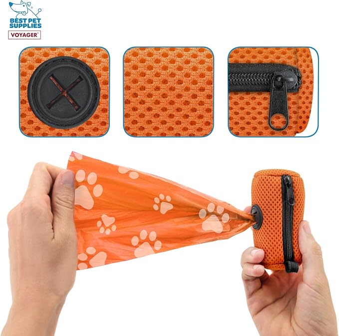 Best Pet Supplies Dog Poop Bag Holder Leash Attachment with Reusable Dispenser for Travel, Walking, Park, and Outdoor Use, Durable with Clip-On - Orange, Mesh Dispenser w/15 Bags