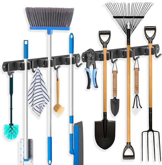 ZONGOOL 2 Pack Mop Broom Holder Wall Mount 3 Racks 4 Hooks Storage Black | 304 Rustproof Stainless Steel Broom Hanger, Non-Slip Wall Mount Organizer, Space Saving For Kitchen, Laundry, Garden