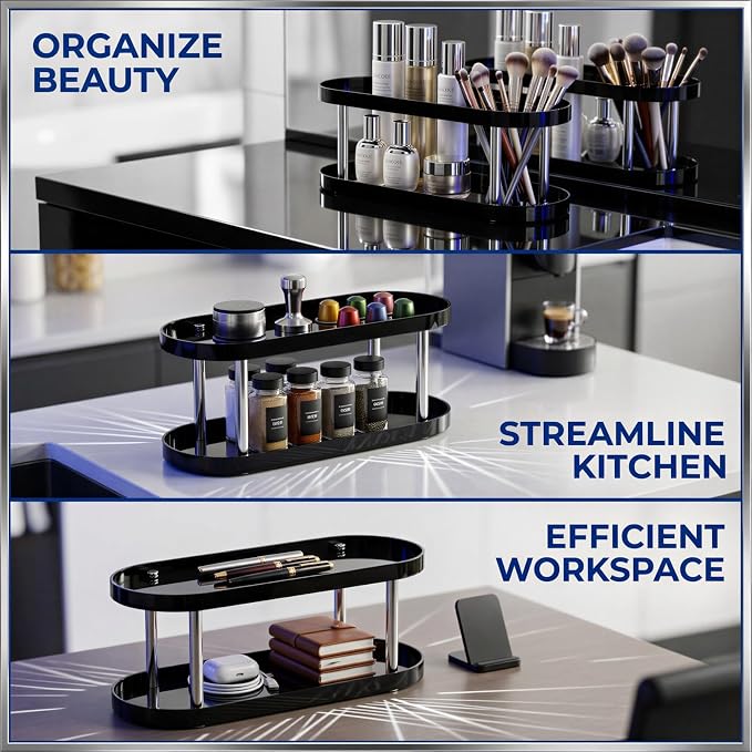 Desktop Organizer, Double Layer Modern Elliptical Storage Rack with Stable Dual Pillar Support, Makeup Desk Organizer for Vanity, Office, Kitchen Spice Countertop, Black and White