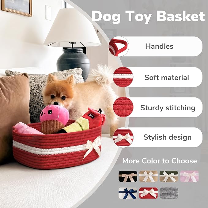 CHICVITA Small Woven Rope Gift Basket, Decorative Burr Basket, Red | 13" x 10" x 5" Storage Baskets for Toys & Baby Essentials, Fits Nursery & Bedroom Organization, Built-In Handles, Bow Design