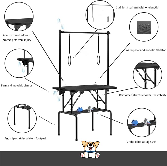 36 Inch Foldable Dog Grooming Table with Adjustable Arm, Nooses & Storage Basket - Non-Slip Pet Grooming Station for Dogs & Cats - Supports Up to 300 lbs (36 inches)