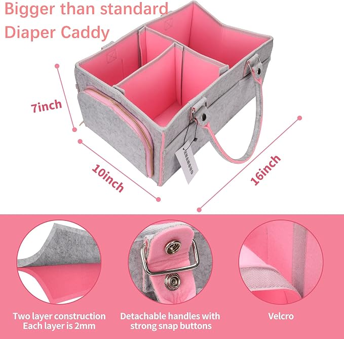 XUANGUO Large Felt Baby Diaper Caddy Organizer with Handles for Girls, Pink | Nursery storage bin and basket; portable tote bag for changing table or car, baby shower gifts and newborn essentials.