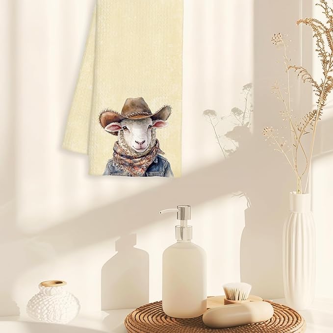 Western Christian Sheep Gifts Kitchen Towels Decorative - Sheep Lamb Lovers Gifts Dish Tea Towels for Kitchen Drying, Christian Cowboy Hat Lamb Hand Towels for Bathroom Decor, 16x24 Inch
