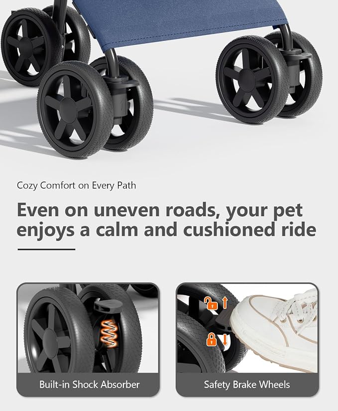 OS MOTOR 4 Wheels Pet Stroller for Small Medium Pets, Navy Blue | Foldable Carrier Jogger, Rear Wheel Breaks, Storage Basket, Visible Mesh Weather Cover, Portable, Dog, Cat, Puppy, Kitty