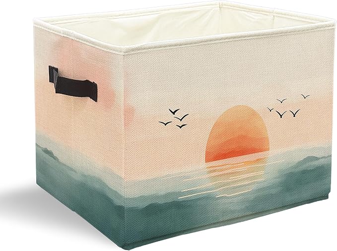 Boho Coastal Beach Sunset Storage Bins with Handles, Watercolor Coastal Ocean Landscape Collapsible Laundry Basket Storage Box for Home Bedroom Bathroom Clothes Toys Books