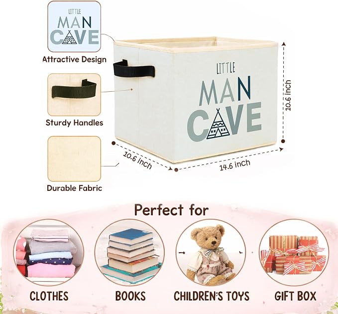 Little Man Cave Storage Bin, Foldable Fabric Basket for Boys Nursery | Foldable fabric storage bin with little man cave design for toys, books, clothes, nursery, bedroom, and playroom use.