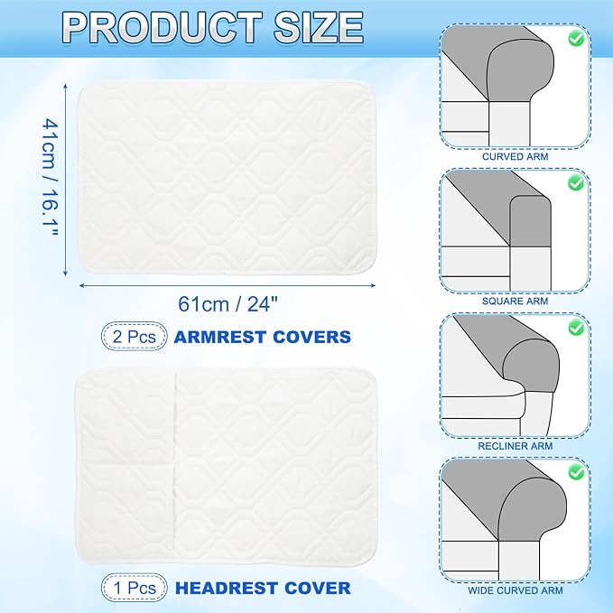 uxcell 3Pcs Sofa Armrest Covers, Armchair Covers with Side Storage Pocket Waterproof Recliner Chair Protector Anti-Slip Couch Arm Headrest Protect for Home Living Room, Pure White