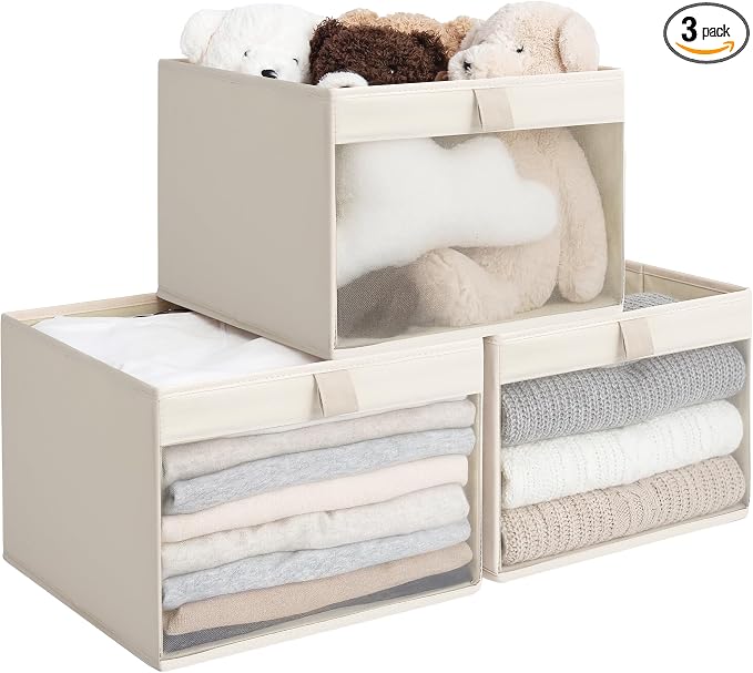 StorageWorks Fabric Storage Bins, Shelf Baskets, Collapsible, Beige, 3-Pack | Wrinkle-Resistant Cottlyn Fabric, Mesh Front Window, Soft Leather Handles, Flip to Show/Hide, Holds Clothes, Towels, Blankets