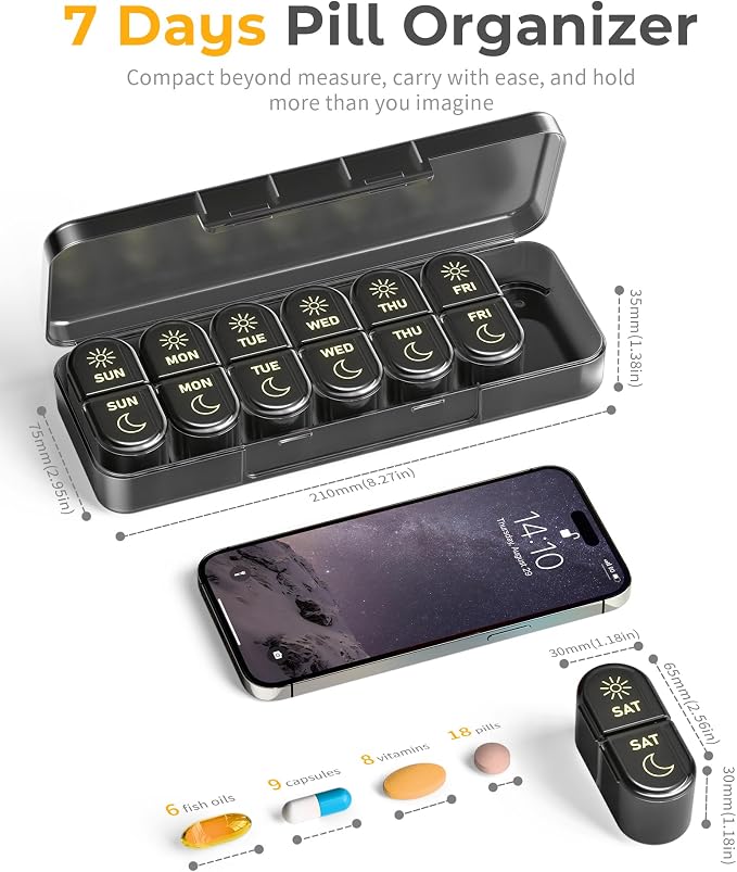 Pillex Weekly Pill Organizer 2 Times a Day, AM PM Pill Organizer 7 Day, Large Pill Box 7 Day, Travel Pill Case Daily, Black Privacy Protection Medicine Container for Medication, Vitamins, Supplements