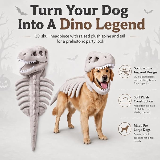 Pet Dinosaur Costume Spinosaurus Skeleton Skull Mask Plush Spine Large Dogs | Soft Lightweight Headpiece with Raised Back Ridge and Tail Suited to Halloween Cosplay Parties Photos Birthdays Large Breeds