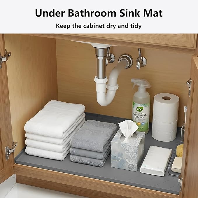 Mateeylife Under Sink Mat Kitchen Waterproof, Silicone Sink Tray 22"X31" | Under Sink Organizer Cabinet Shelf Protective Liner, Multi-use Silicone Mat for Boot Tray & Litter Mat, Dark Grey