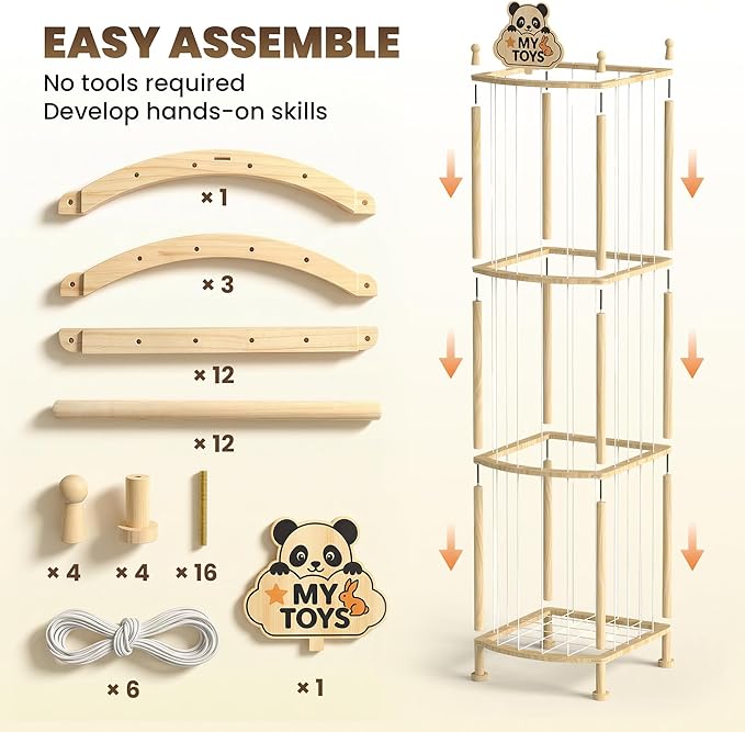 Stuffed Animal Storage Organizer, Wooden Toy Storage Organizer & Plush Storage Tower with Elastic Cords, Stuffed Animal Zoo for Kids Bedroom, Playroom & Nursery, Solid Pine, 15.7 x 15.7 x 53.5 In