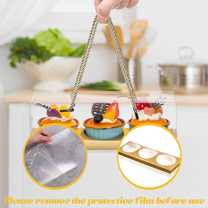 Thenshop 40 Pcs Clear Cupcake Boxes 9x3x3 in 3 Compartment Holder,Gold | Transparent Holders with Handles, Individual Pastry Display for Wedding Graduation Party Favors Cookies Treats Gifts
