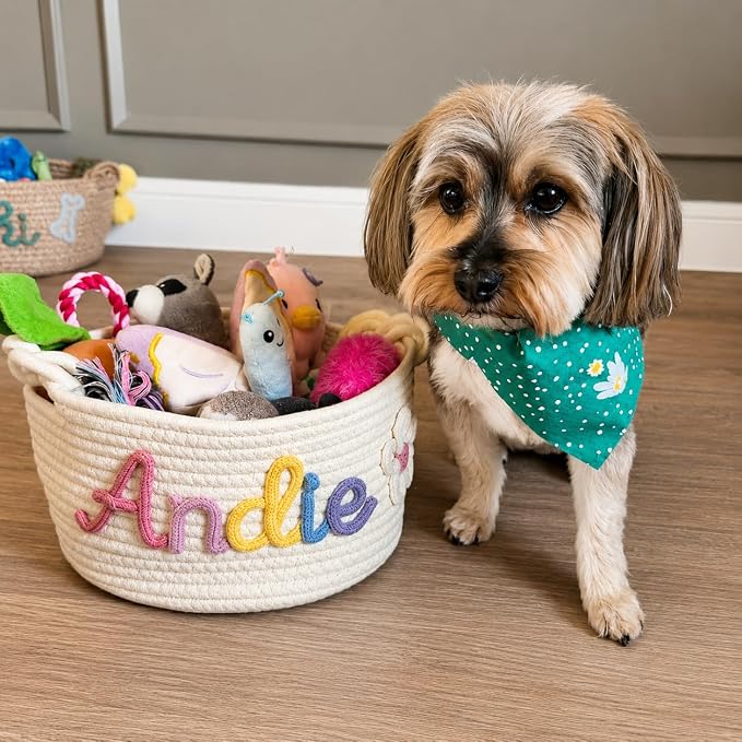 Personalized Dog Toy Basket with Name, Custom Pet Toy Storage Basket for Dogs and Cats, Handmade Puppy Toy Bin for Toys, Leashes, Treats, Blankets, New Puppy Gift
