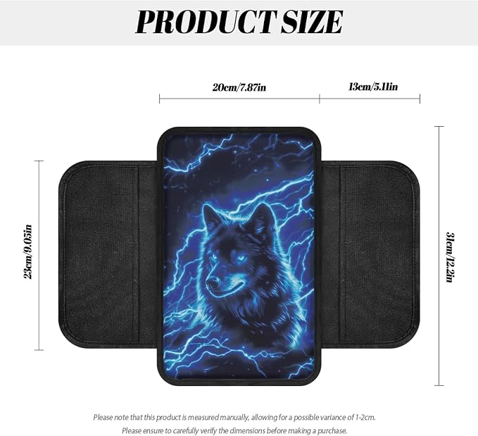 Howilath Car Armrest Cover Pad, Universal Center Console Cushion | Blue Lightning Wolf Arm Rest Cover. Soft & Comfortable, Washable Fits for Cars, Suvs, Vans, And Trucks