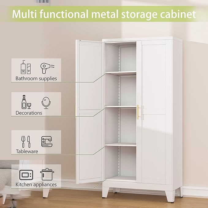GAIOUS Metal Pantry Cabinet, Kitchen Pantry Storage Cabinets with 2 Door | and 3 Adjustable Shelves, White Kitchen Pantry Cabinet, Freestanding Cupboard for Dining Room Living Room Bathroom