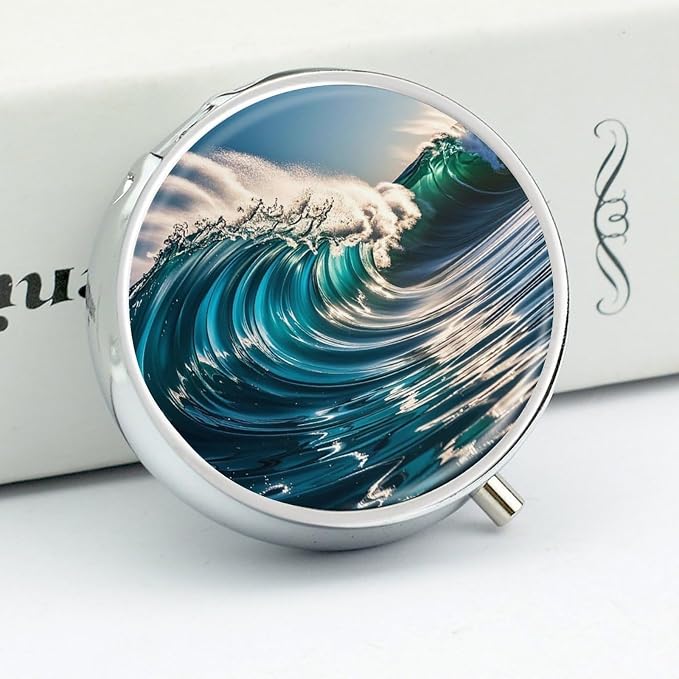 3 Compartment Medicine Pill Case, Ocean Waves Round Pill Box, Portable Decorative Medicine Organizer for Pocket Or Purse Vitamin Organize