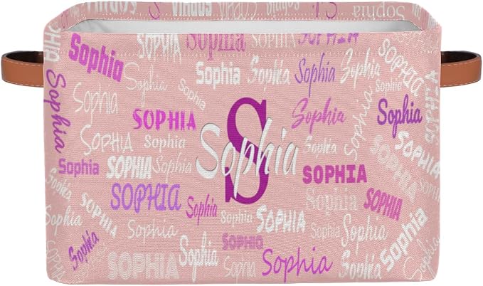 Custom Storage Baskets Named, Personalized Storage Bin Basket Boxes PU Leather Handles for Clothes Bedroom Closet Organizing Toys Books Shelves, Light Pink Solid Background