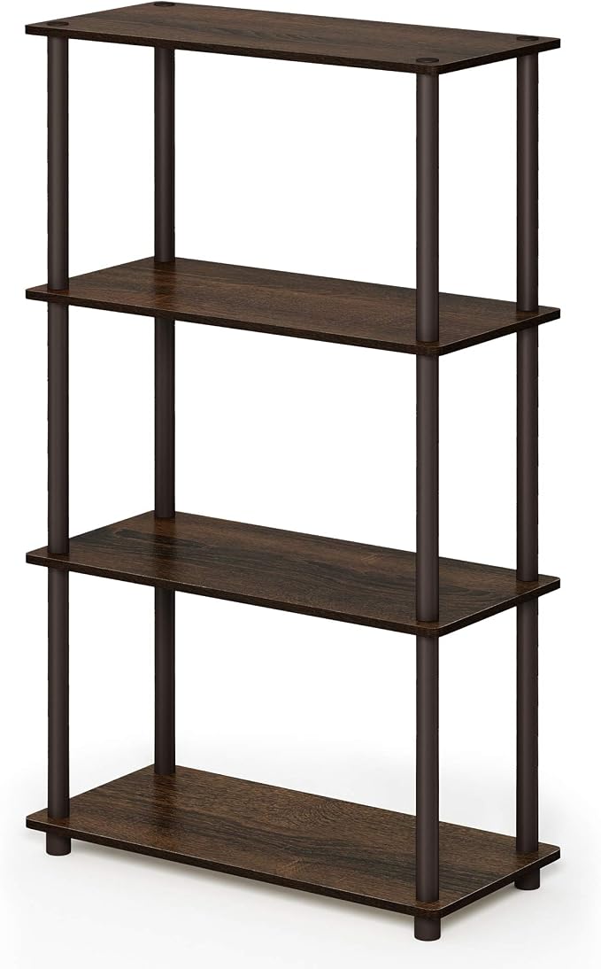 Furinno Turn-N-Tube Storage Shelves, 4-Tier Toolless Book Shelf, Corner Shelf, Open Shelves, for Organization and Storage, Living Room, Garage, Home Office, Walnut
