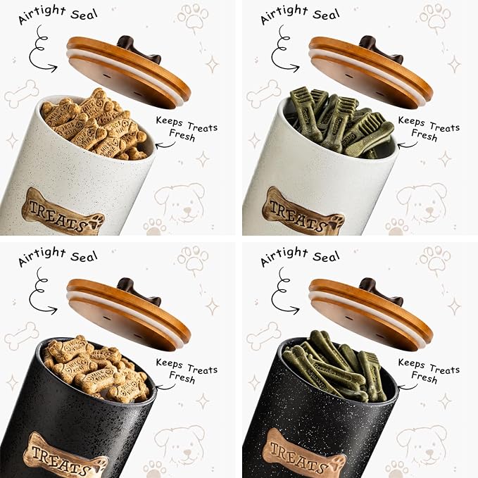 Miamolo Dog Treat Container, Dog Treat Jar for Countertop Airtight Seal Lid | Ceramic, 8 Cups, Wooden Lid, Cast-iron Handle | Dog Food Storage Container, Decorative Dog Cookie Canister, Bone Dotted Black