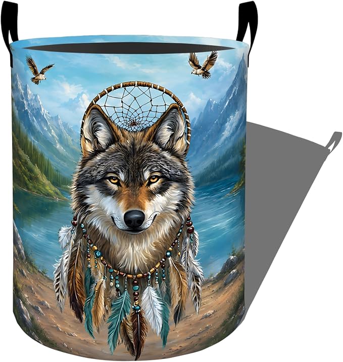 Wolf Mountain Laundry Basket, Forest Animal Dreamcatcher Storage Hamper, Round Collapsible Waterproof Cloth Bin, 19.7x15.7 Inch Nature Clothes Organizer Gifts for Bathroom Decor