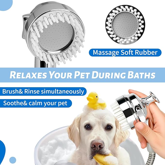 Pet Shower Attachment with 8.2ft Hose & Silicone Brush，Three modes Dog Bathing Tool，Easy Connect to Bathtub Faucet for Dogs Cats Home Use