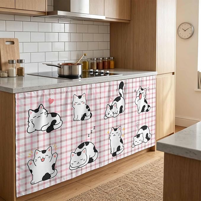 Cute Cat Cabinet Curtain 28"Wx51"L,Dustproof Storage Cabinet Curtain with Self Adhesive Tape,Modern Playful Pet Cats Pink Brown Plaid Tall Pantry Cover Drape for Kitchen,Laundry Room,Utility Closet