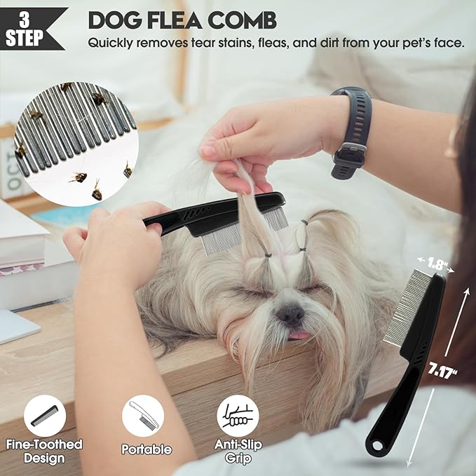 Bonteck Dog Slicker Brush for Dogs Grooming Kit 4PCS | Large Dog Brush for Goldendoodles Poodles Doodles | Long Pin Haired Brush | Poodle Brushes and Comb (Black)