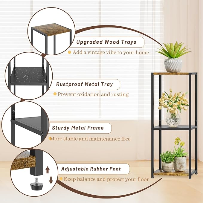 KMOTASUO 3 Tier Metal Plant Stand Tall for Indoor Outdoor Corner | Heavy Duty Flower Holder Rack, Modern Vertical Iron Shelf for Patio Bathroom Office Garden