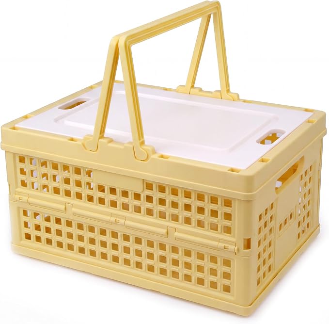 Collapsible Storage Crate, Foldable Plastic Basket with Lid and Handle, Foldable Storage Box Crate Bin for Home Kitchen Office Bathroom Bedroom Pantry (Yellow-Hollow)