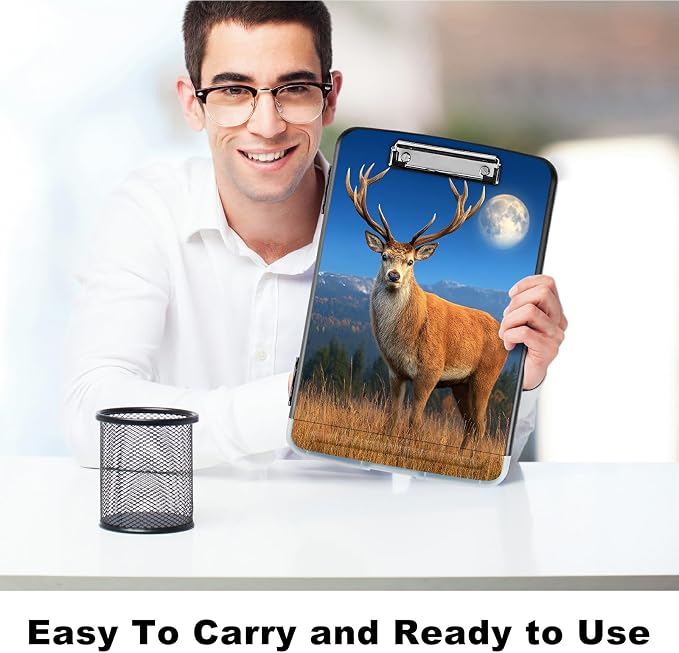 A4 Clipboard with Storage Pen Holder, Clipboards Organizer Nursing Clipboard Foldable File Folder Plastic Clipboard Folio Clip Board for Office Work Classroom Doctor, Grassland Deer