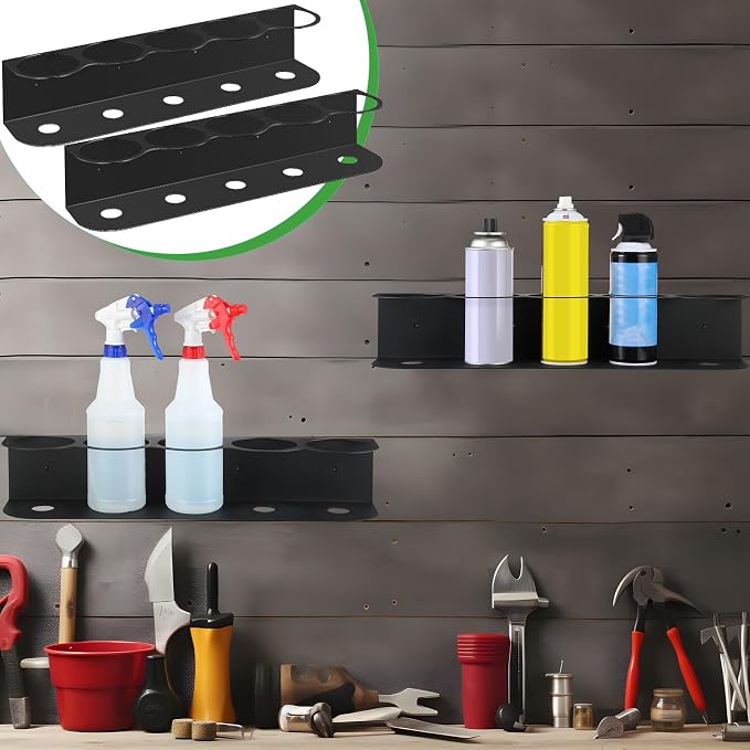 Therwen 2 Pcs 5 Holes All Purpose Steel Spray Bottle Holder Heavy Duty Spray Can Holder Rack Organizer Easy Install Wall Mount Paint Bottle Organizer Storage Rack for Garage Home Workspace(Black)