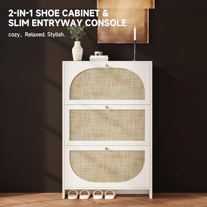 Shoe Cabinet Storage for Entryway Slim 9.5" Freestanding Floor Base Shoe Storage Cabinet, 3 Flip Drawers with 3-Position Adjustable Divider, Holds 16-36Pairs, Bright White
