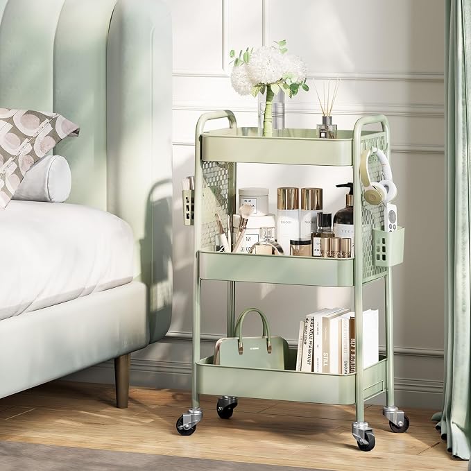 TOOLF 3 Tier Rolling Cart, Metal Utility Storage Cart with Pegboard, Green | 2 Bins & 4 Hooks, Screwless Assembly, Lockable Wheels, Trolley Organizer for Bathroom, Kitchen, Office, Dorm, Craft Room