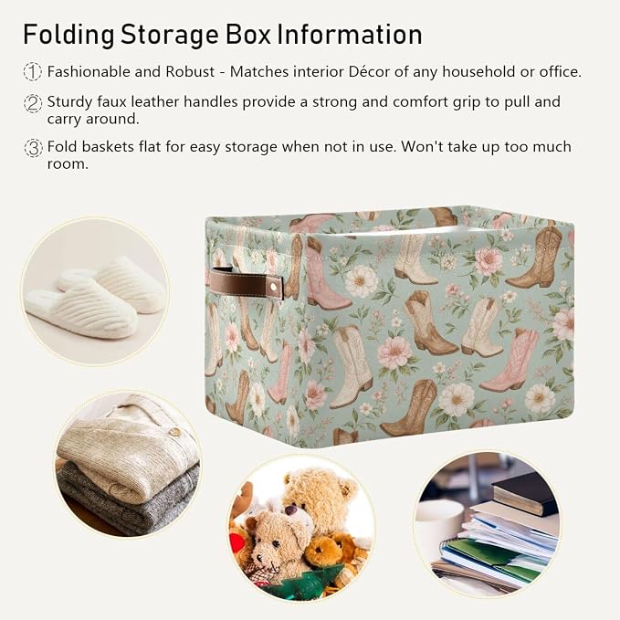Kigai Storage Basket, Fabric Collapsible Closet Organizer Bin | Western Print Waterproof Foldable Canvas Basket with Handles for Shelves, Nursery, Closet, Bedroom & Bathroom
