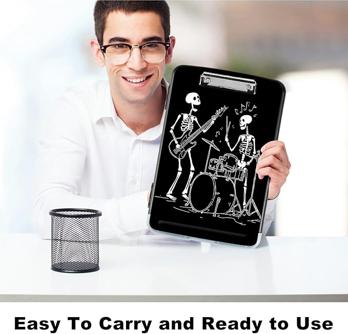 A4 Clipboard with Storage Pen Holder, Clipboards Organizer Nursing Clipboard Foldable File Folder Plastic Clipboard Folio Clip Board for Office Work Classroom Doctor, Guitar Skull