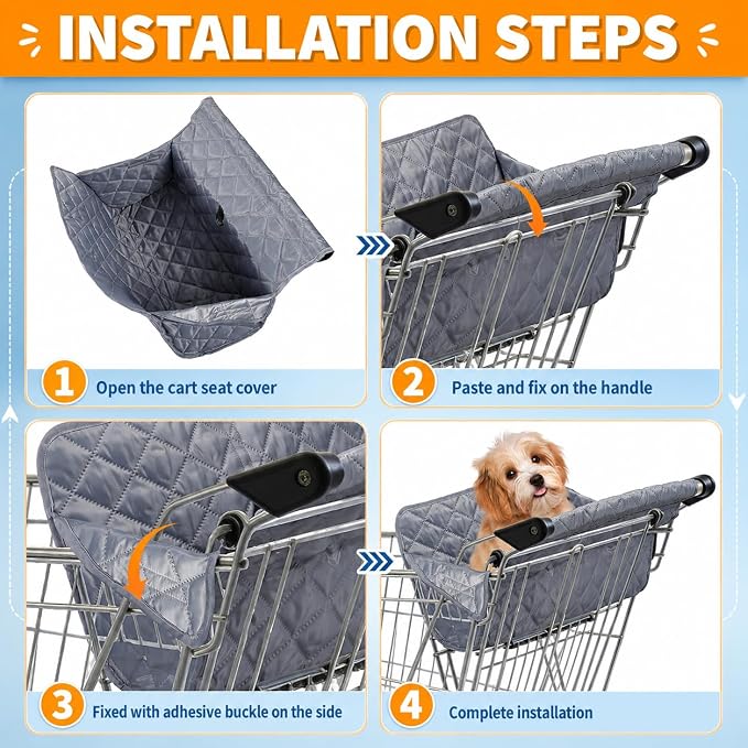 Shopping Cart Cover for Dogs with Storage Bag, 22.5 x 14.5 Inch | Quilted Pet Grocery Cart Seat Protector Pad with Safety Buckle, Washable Portable Cart Cover for Small Dogs Standard Carts