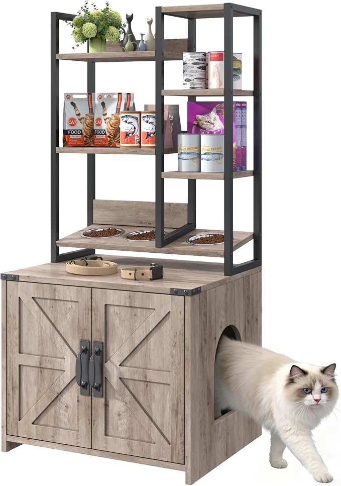 Saudism Cat Litter Box Enclosure with Storage Shelves, Tall Cat Litter Box Furniture Hidden with Feeding Station, Farmhouse Cat LitterBox Cabinet with Barn Door for Living Room, Bedroom, Gray
