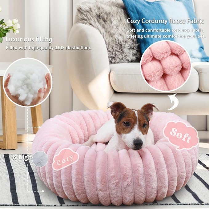 Donut Small Dog Bed Washable Cute Puppy Beds with Corduroy Fleece & Anti Slip Bottom, Round Faux Fur Pet Snuggle Beds for Large Cat, Pink, Small Breed 23x23x5.5 inches
