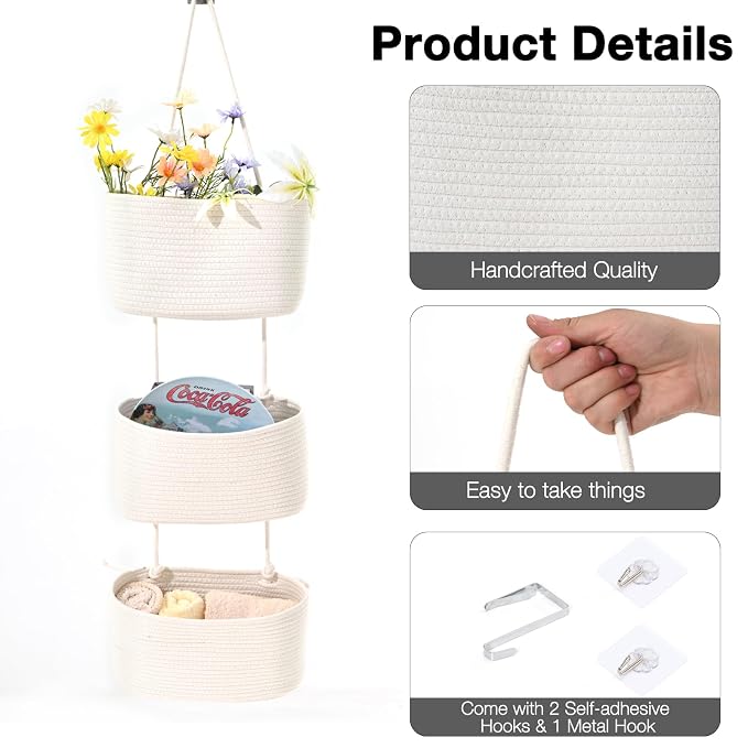 ICERZCZ Hanging Baskets for Organizing, Over the Door Decorative Storage Organizer, Nursery Decor Organization, 3-Tier Wall Basket for Entryway Playroom Bathroom Closet, Off White