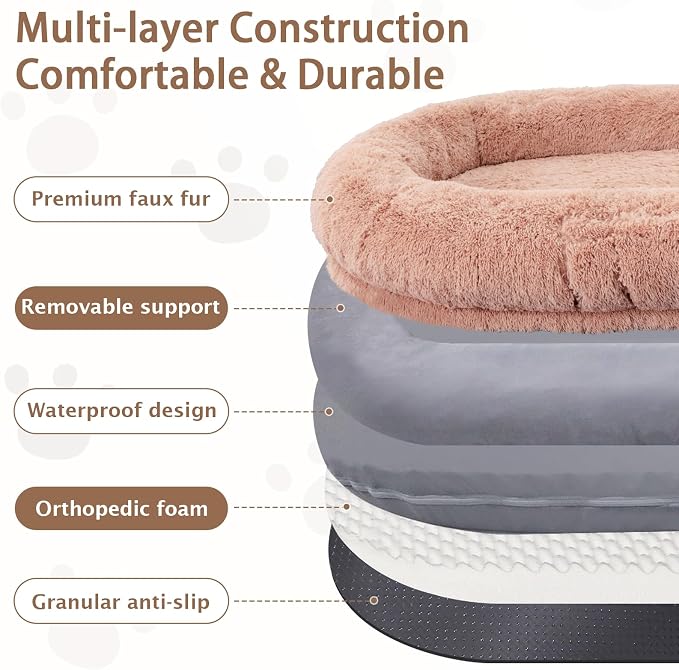 ROOMTEC Human Dog Bed, 78''x51''x12'' Size Fits Adult and Pet Washable Giant People Bed 10 CM Thick Memory Foam Large Oversize Pet Bed with Plump Pillow, Blanket, Strap - Pink