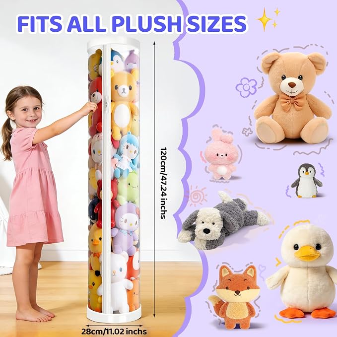 Stuffed Animal Storage Tube, Dust-Resistant 47x11 Inches Large Capacity Toy Storage Organizer with Zipper, Easy Assembly & Space Saving for Plush Toys, Playrooms Living Rooms Bedrooms White