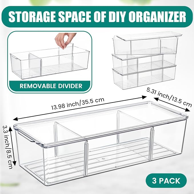 Hoteam 3 Pack Flip Top Tea and Coffee Organizer with Lids, Clear Stackable Plastic Tea Bag Storage Organizer for Cabinet Counter Countertop Pantry, Sweeteners (3 Grids)