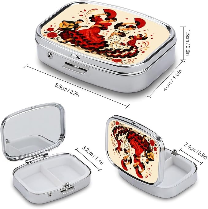 Flamenco Dancers Guitarist Roses Two Compartment Pill Box Medicine Organizer, Portable Pill Case with Secure Snap Closure for Vitamins Medication Supplements Daily Use