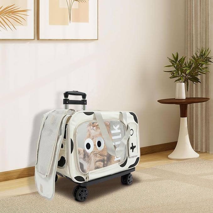 Pet Trolley Bag with Wheels & Retractable Handle, Cow Print Pet Carrier for Cats Small Dogs, Foldable Travel Carrier with Ventilation Windows, 22 Lb Capacity, Airline Approved Pet Bag