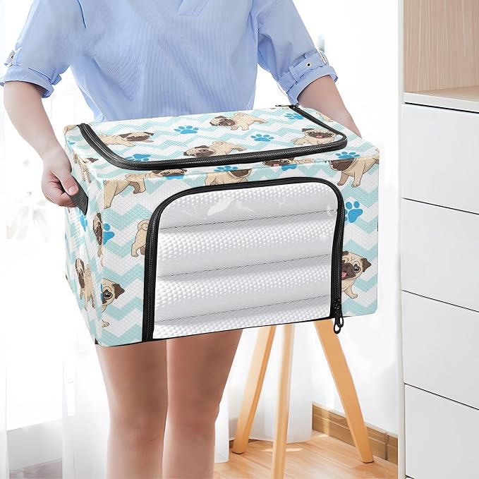 Cute Pets Pugs White pattern Under Bed Storage Containers with Double Zipper Openings, Foldable Clothes Storage Bins with Clear Window and Handles for Comforters Blankets Bedding